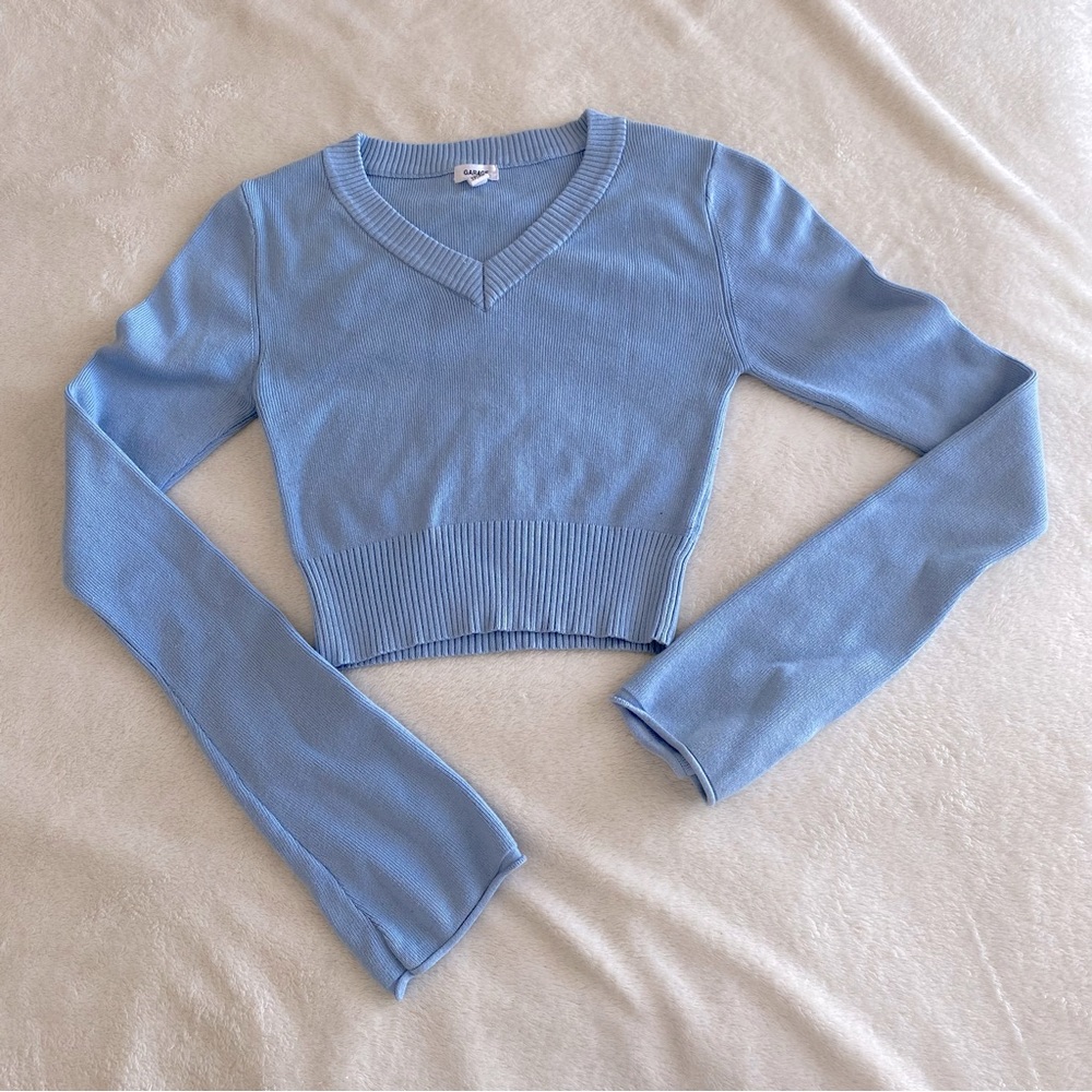 Garage | knit v-neck cropped sweater with bell sleeves | Baby Blue